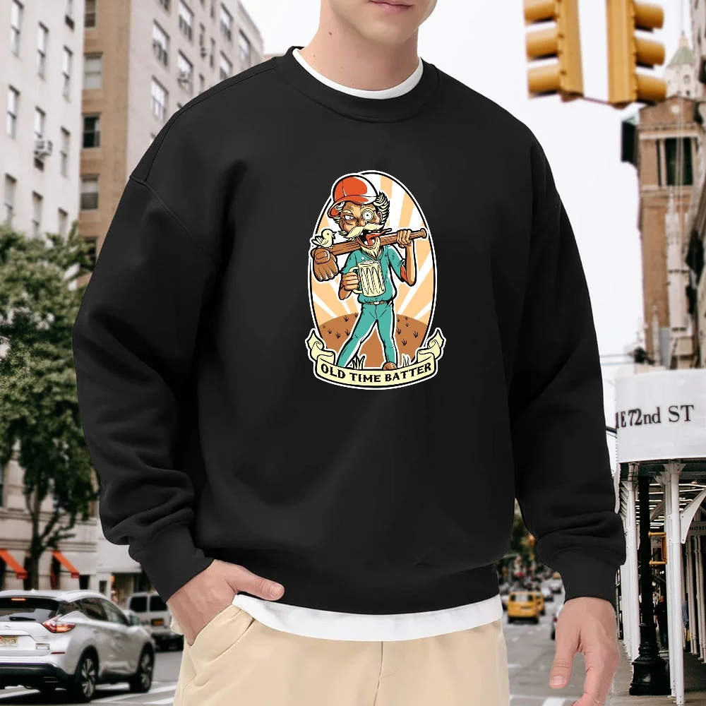 

Men's Black Crew Neck Loose Sweatshirt, Retro Cartoon Print Top, Street Casual Style, Versatile for Everyday Wear, Comfortable, Breathable, Trendy Pullover
