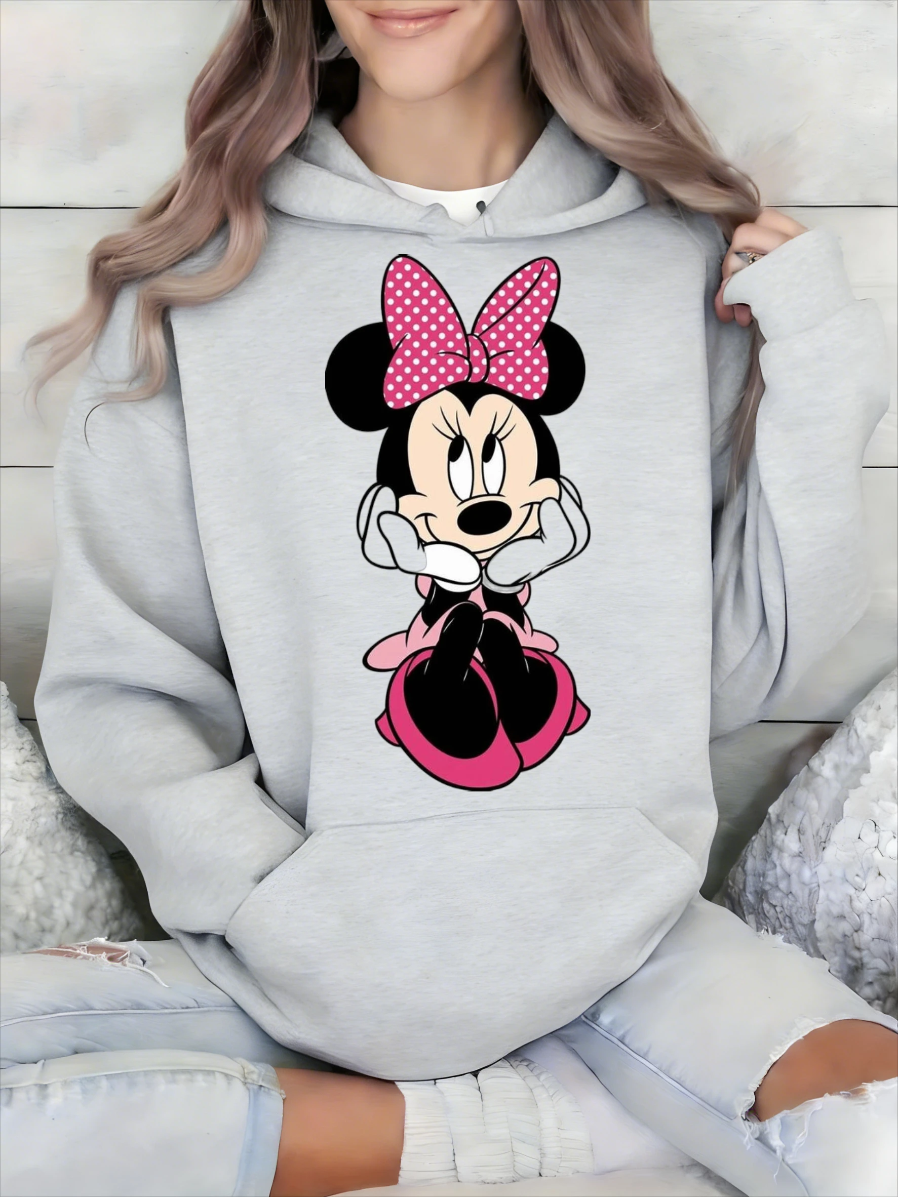 

Женская светло-серая хлопковая толстовка с капюшоном Disney Classic Minnie Mouse, розовое платье с принтом персонажа Минни Маус с черными ушками, повседневная толстовка с длинными рукавами