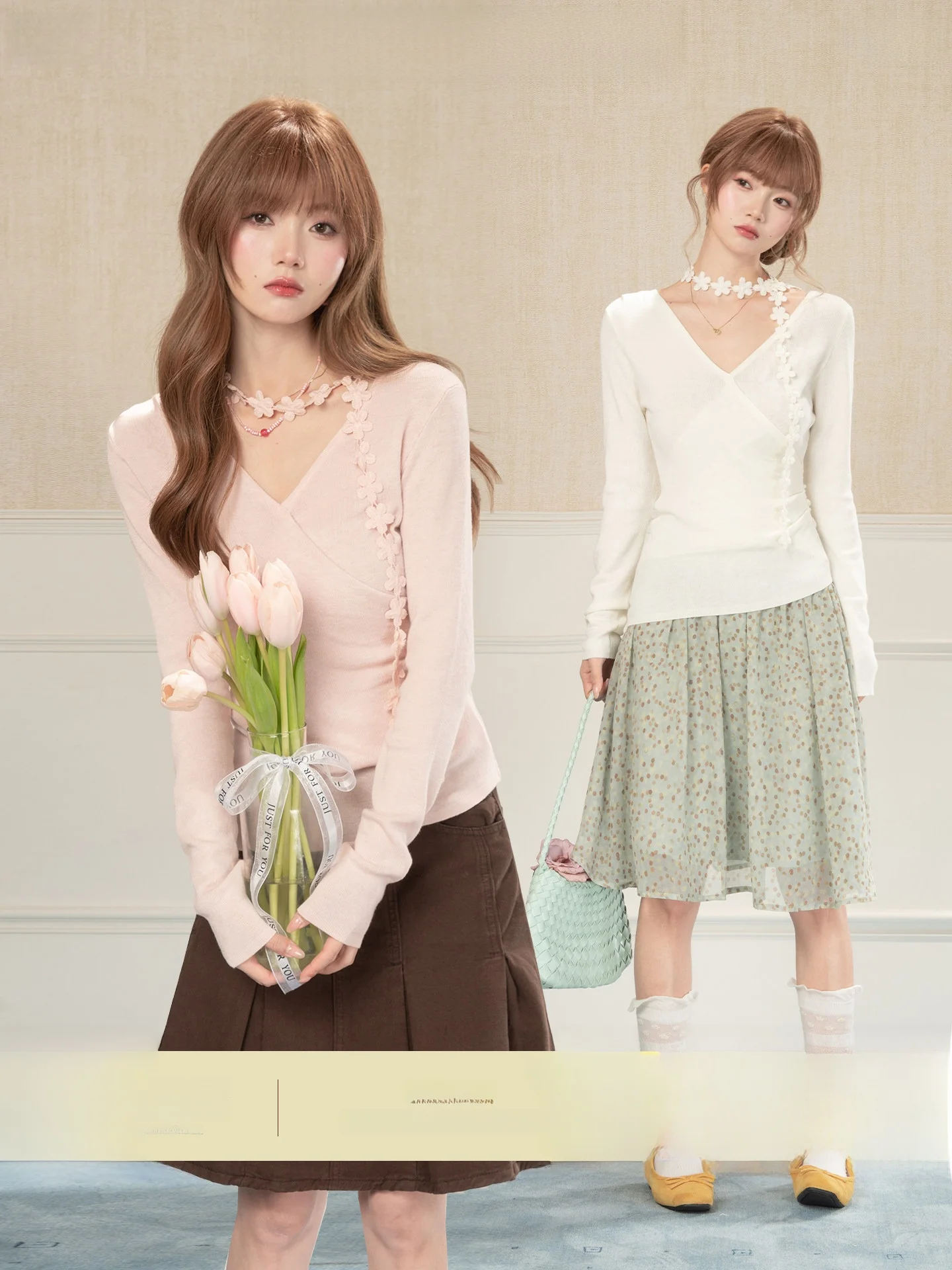 

Heynew Korean Sle Sweet Pink V-Ne Pleated Knitwear Women's Slimming Base Layer irt Spring Season Long Sve Top
