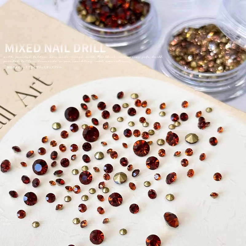 1Box Winter Maillard Mix Size Pile Drill Tip Bottom Small Round Bottom Rhinestone 3D Nail Charm DIY Decoration Accessories