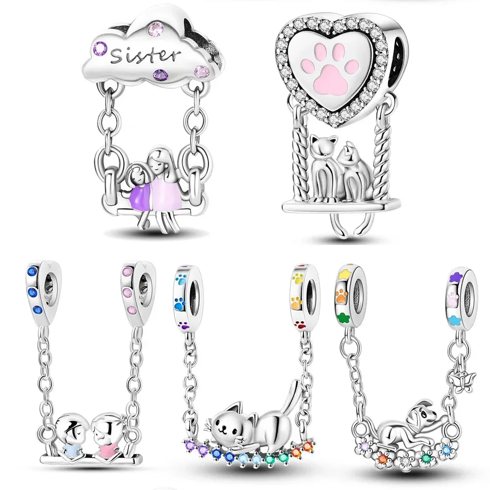 

2025 New 925 Sterling Silver Cute Cat Couple Swing Pendant for DIY Original Bracelet Women Jewellery Gifts