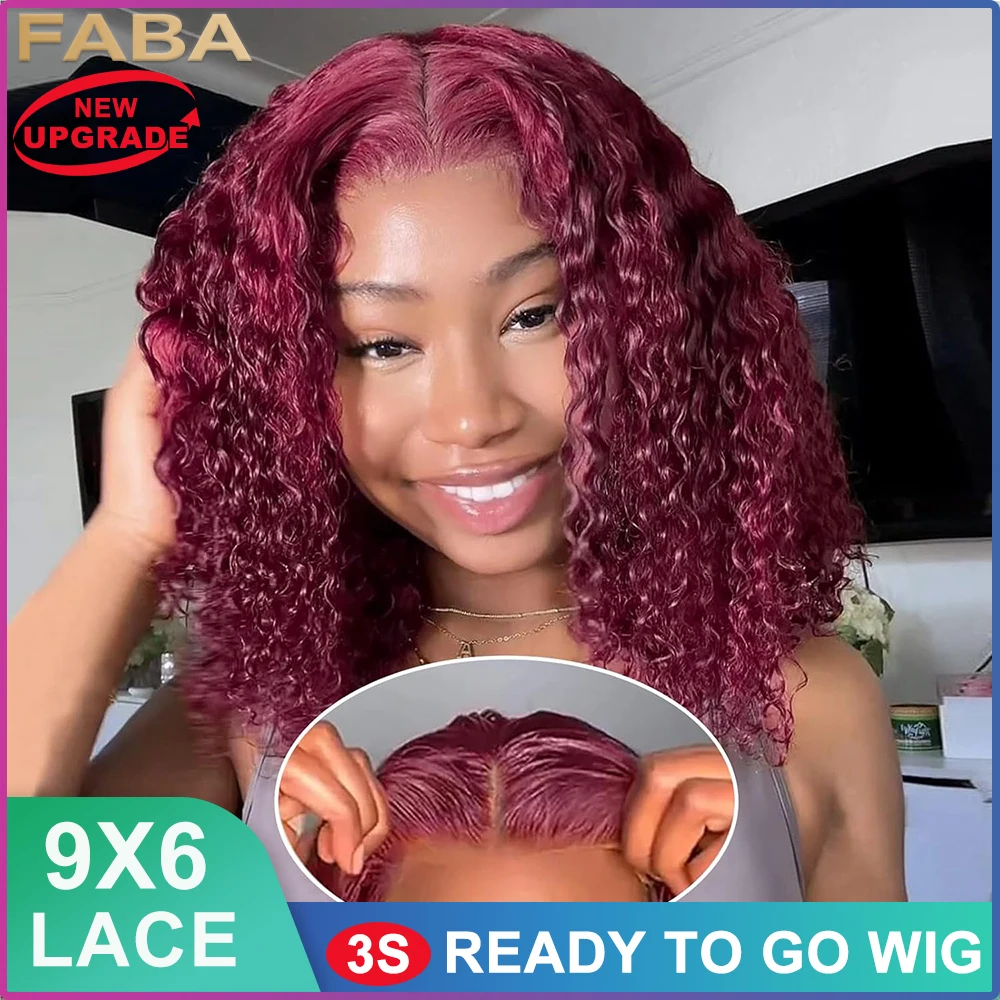 FABA Lijmloze Bordeaux Bob Wave Pruiken Menselijk Haar 9x6 HD Lace Front Pruiken 99j Wear and Go Diepe Golf Bob Pruiken Menselijk Haar Voor Vrouwen