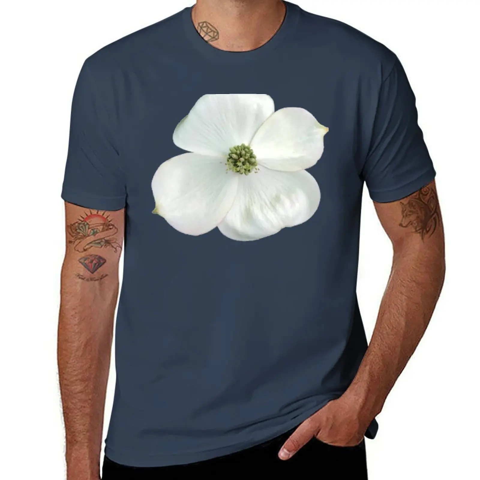 

Dogwood on Soft Flower White Aqua Close-up T-Shirt Work Wear Simple Tee Shirt