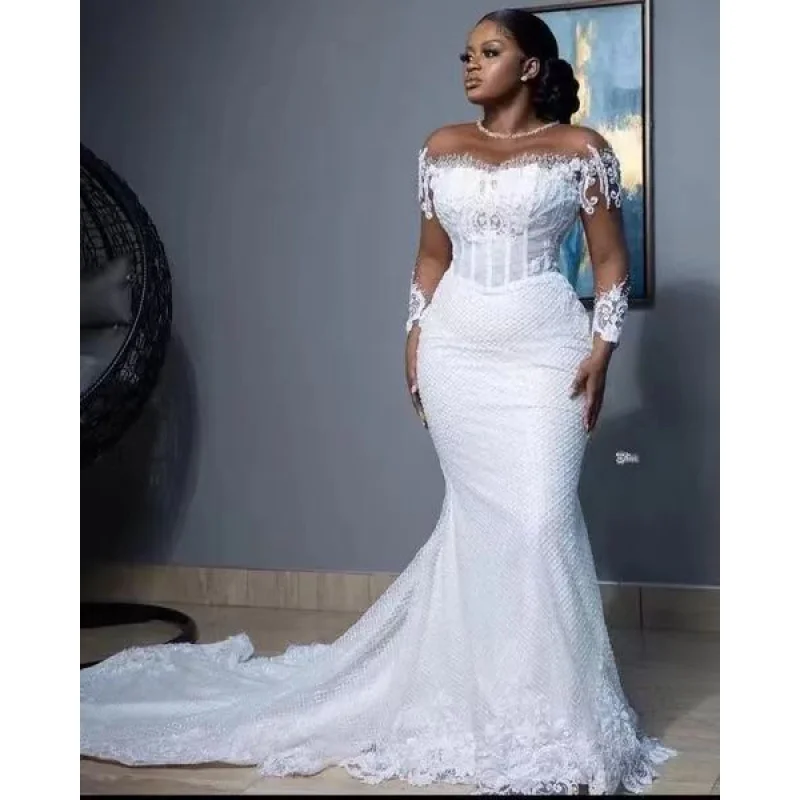 off-Shoulder Lace Fishtail Wedding Dress2025New Cross-Border Amazon Long Sleeve Dress Trailing African Bride