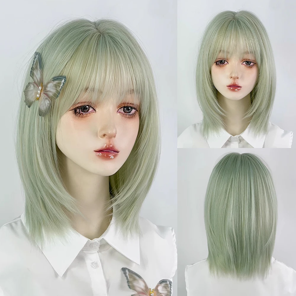 

Green Lolita Cosplay Synthetic Wigs with Bangs Short Straight Bob Heat Resistant Fluffy Women for Daily Party