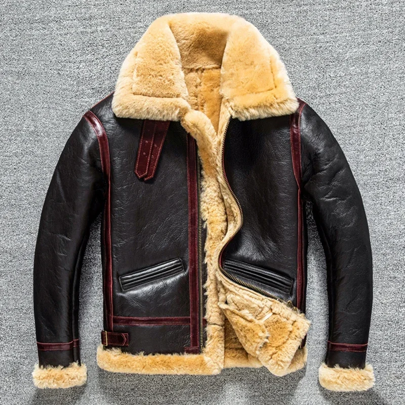 2025 Men's Real Fur Aviator Leather Jacket High Quality B3 Thick Winter Heavy Bomber Jackets For Men Retro Sheepskin Wool Coats