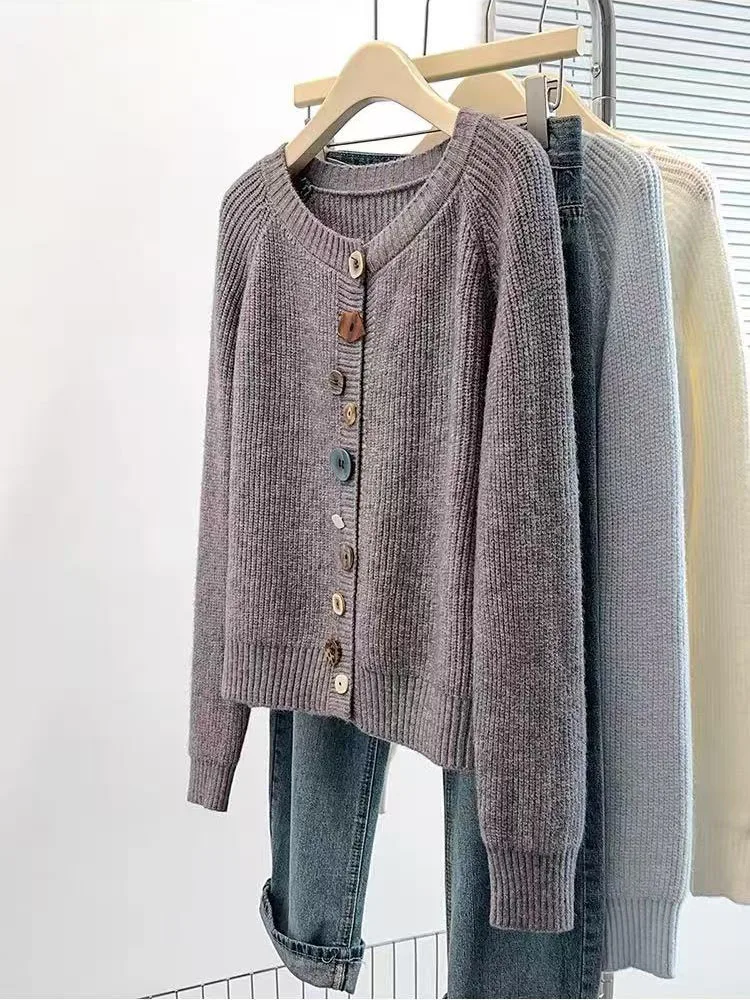 Autumn O Neck Knit Cardigan Sweater Women Korean Chic Colorful Buttons Sweater Y2K Sweet Preppy Long Sleeve All Match Jumper