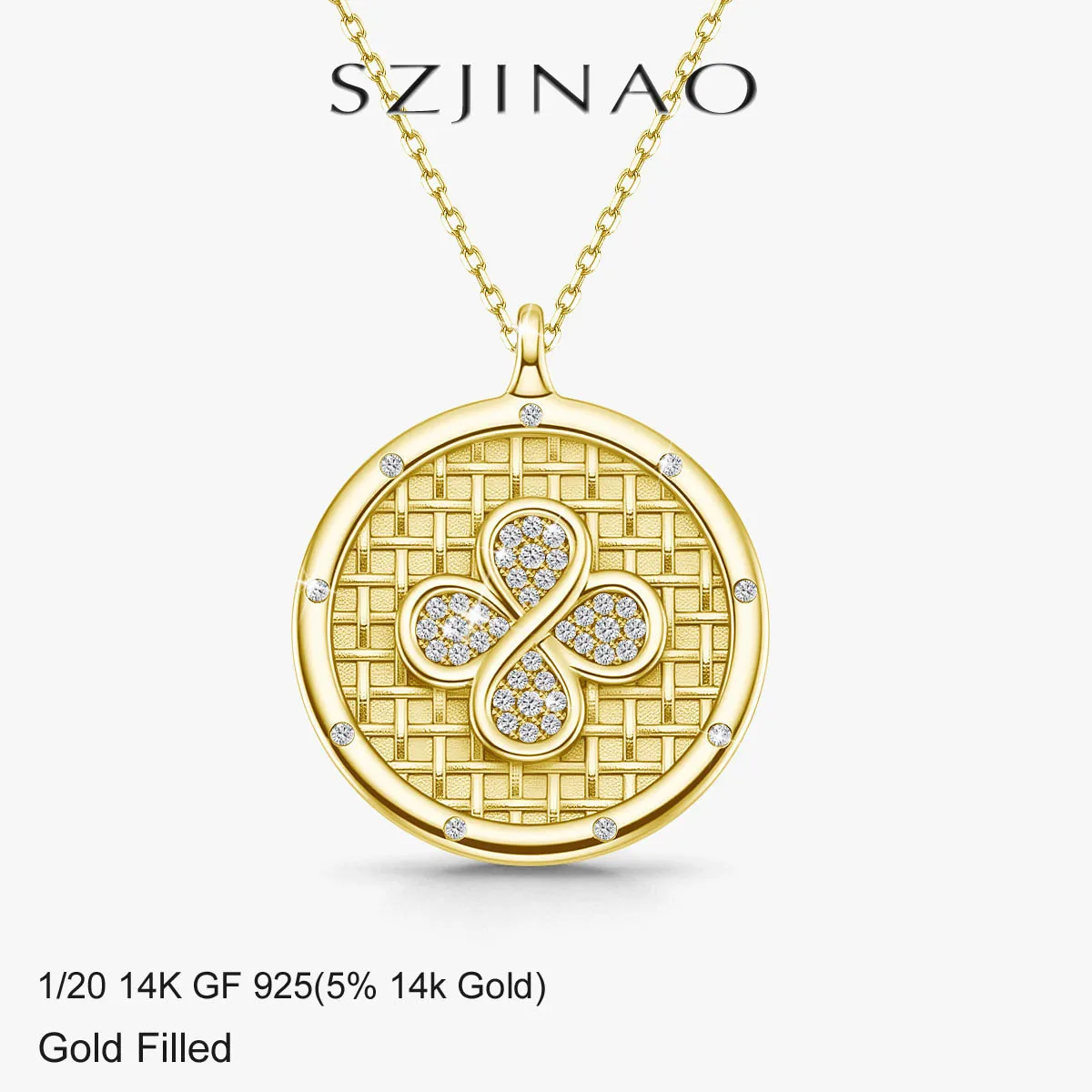 Real 14K Gold Filled Infinity Medallion Moissanite Pendant Necklace Four-Leaf Clover Statement Jewelry for Women Daily Wear