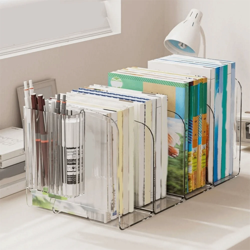

Durable Thickened Divided Book Stand Simple Save Space Acrylic Book Stand with Handle Clear Bookshelf Office