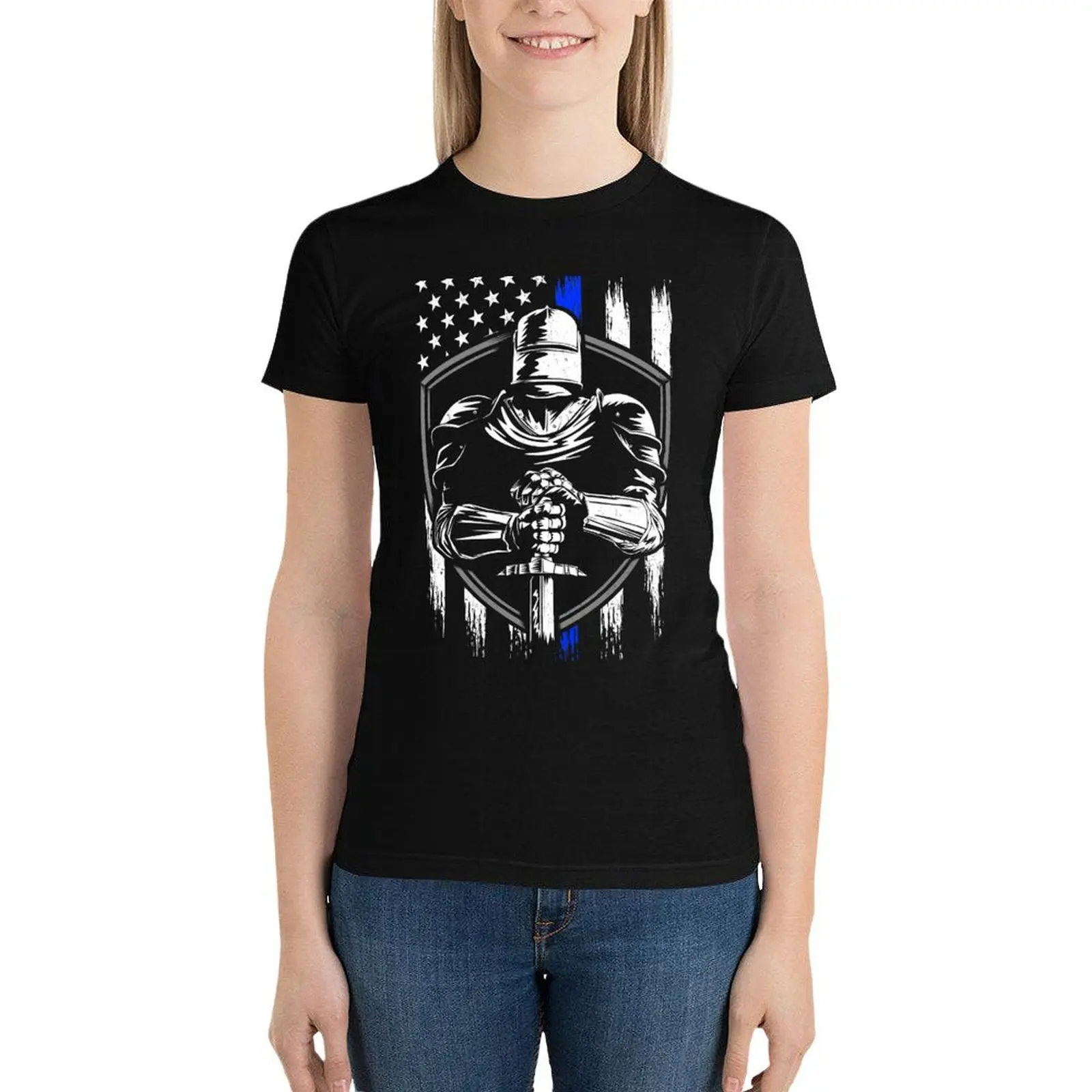 

Knight Warrior American Flag Blue line T-Shirt vintage clothes aesthetic clothes tees cropped t shirts for Women