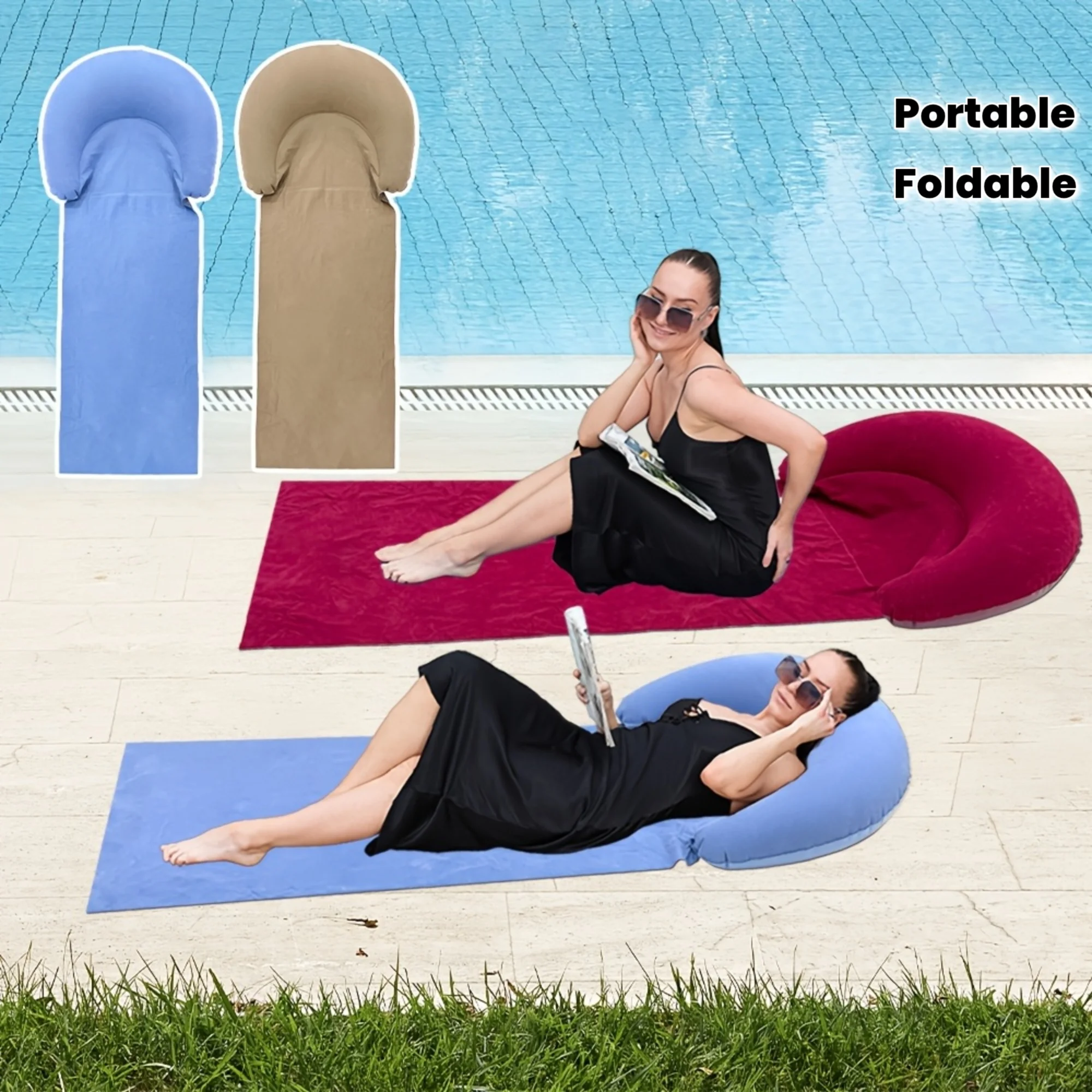 Colchoneta de Playa con Reposacabezas Inflable, Colchoneta para Exteriores, Apta para Acampar y Hacer Picnic al Aire Libre, Colchoneta para Comer, Colchoneta Individual para Dormir