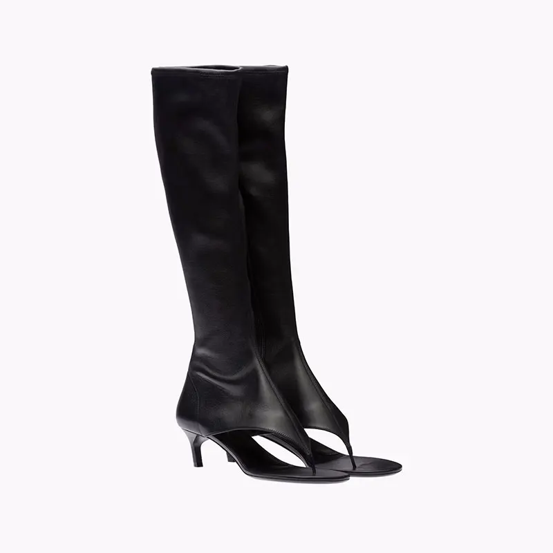 Trendy Stretch Fabric Thong Toe Boots, Knee High Kitten Heel Open Toe Streetwear Footwear