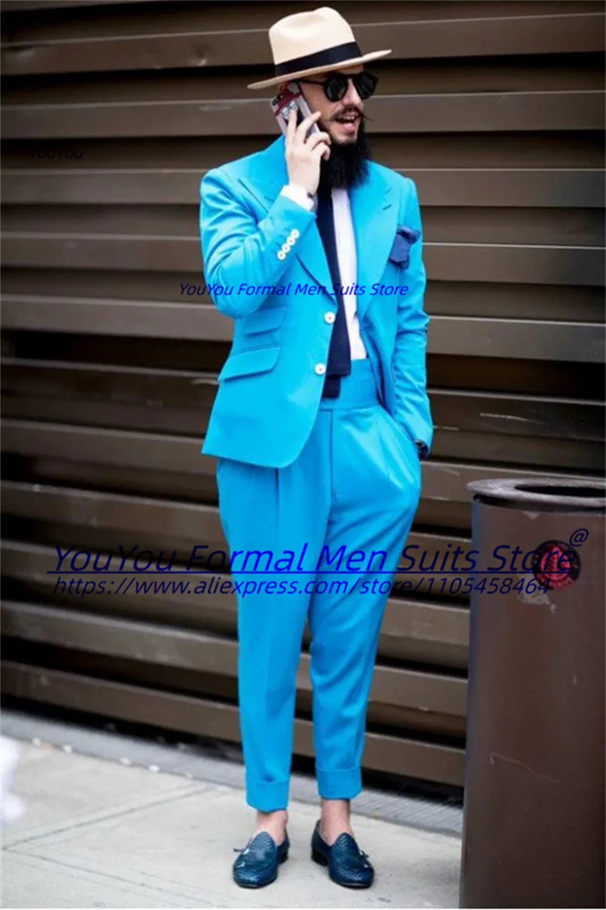 

Fashion Ocean Blue Slim Fit Peaked Lapel Men Suits Customized Slim Fit Prom Groom Wedding Tuxedos 2 Pieces Sets Costume Homme