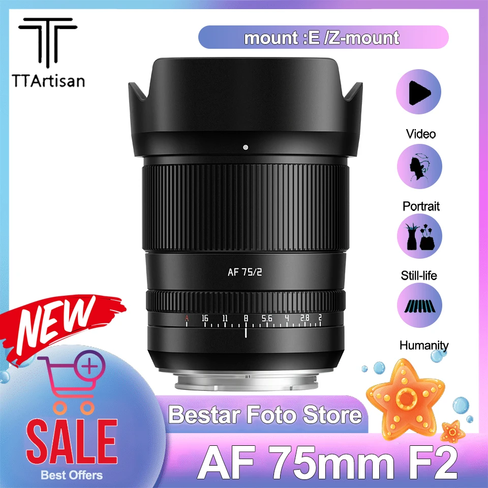 

TTArtisan Full Frame AF 75mm F2 Large Aperture Prime Lens for Portrait Photography with Sony E A6000 A7RIII Nikon Z Z5 Z6 ZFC