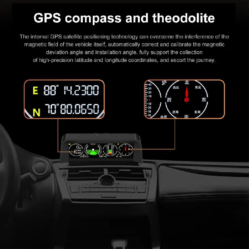 Car HUD Inclinometer Head Up Display GPS Speedometer MPH Compass Digital Slope Angle Meter Altitude Gauge For Off-Road Vehicles