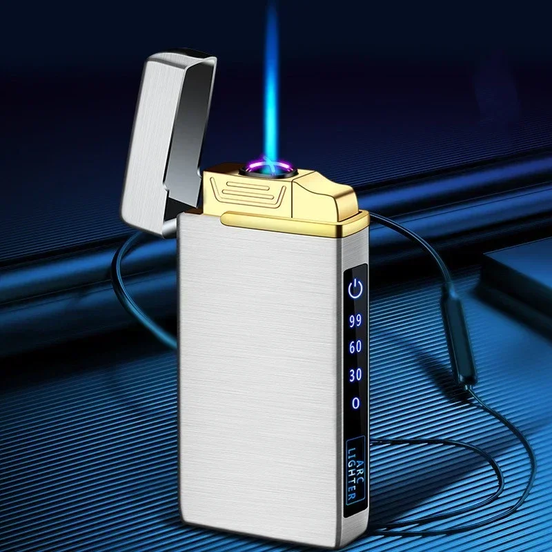 Electric Dual Arc Metal Lighter, Windproof, Rechargeable, Butane Gas, LED Screen Display, Portable, Men Gift, New