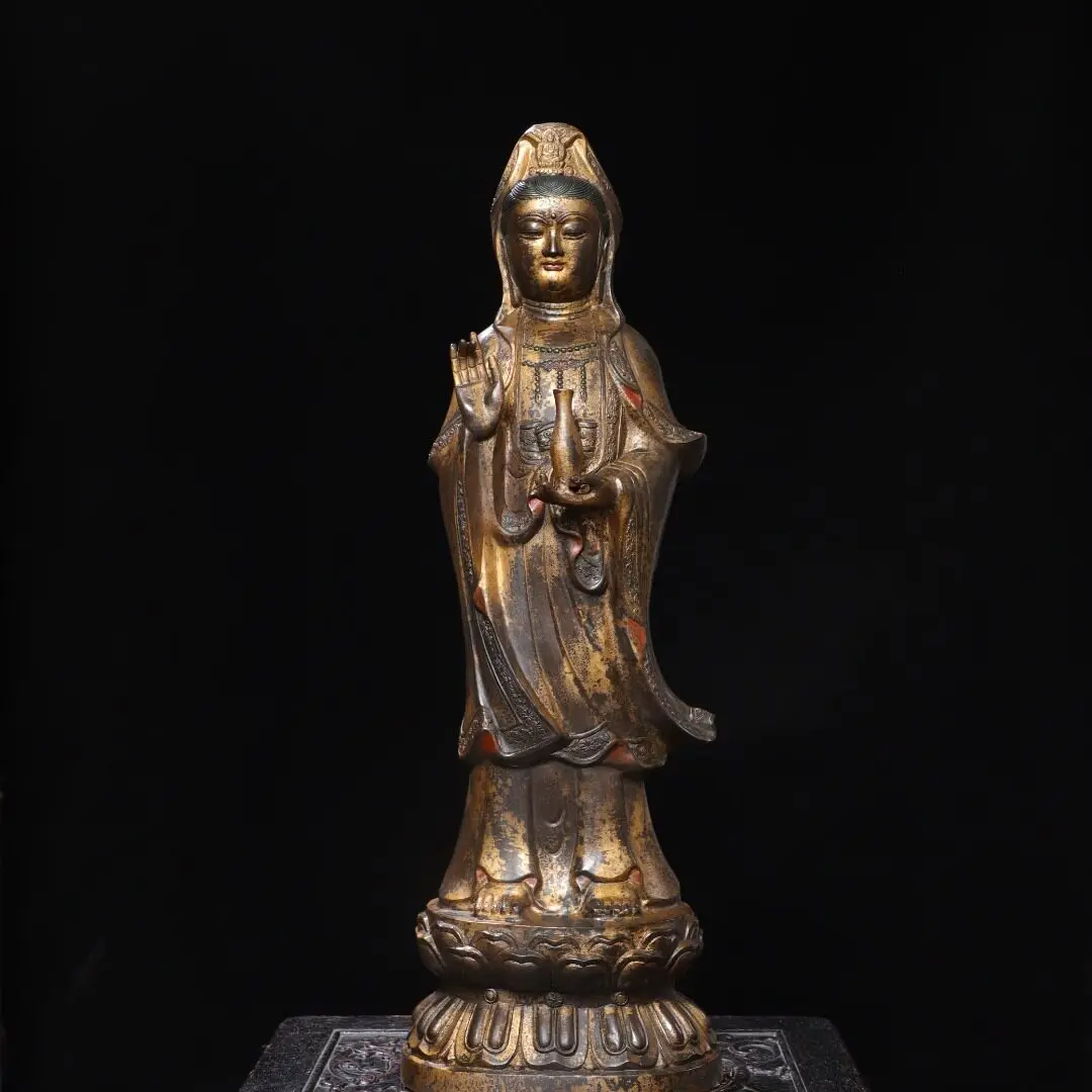 Large Standing South Sea Guanyin Bodhisattva Statue Solid Copper Gold Plated Tibetan Buddhist Altar Home Decor
