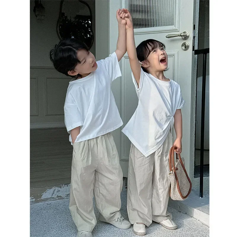 

2024 Brother Sister Matching Clothes Children Kids T Shirts Pants Two Piece Sets Summer Costume Twins Boy Girl Outfits Korean