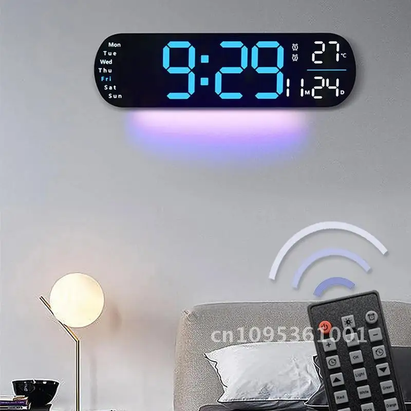 LED Atmosphere Clock with Wall Light Color Changing Temperature with Week Clock Control Remote Date Electronic Alarm Display