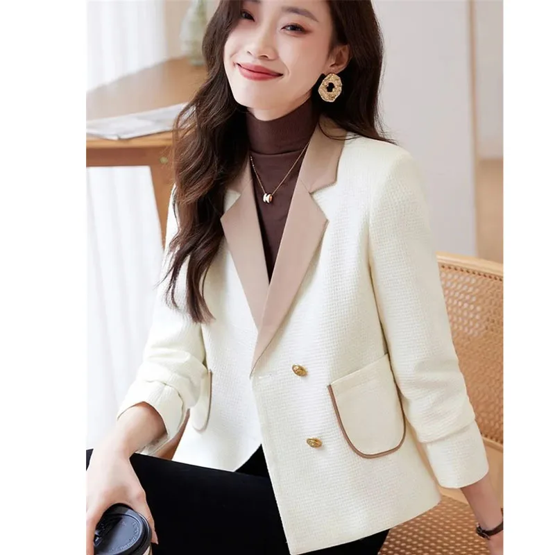 Blazer Fashion wanita musim semi dan musim gugur jaket pendek 2023 baru musim semi jaket setelan kasual ramping warna blok Khaki