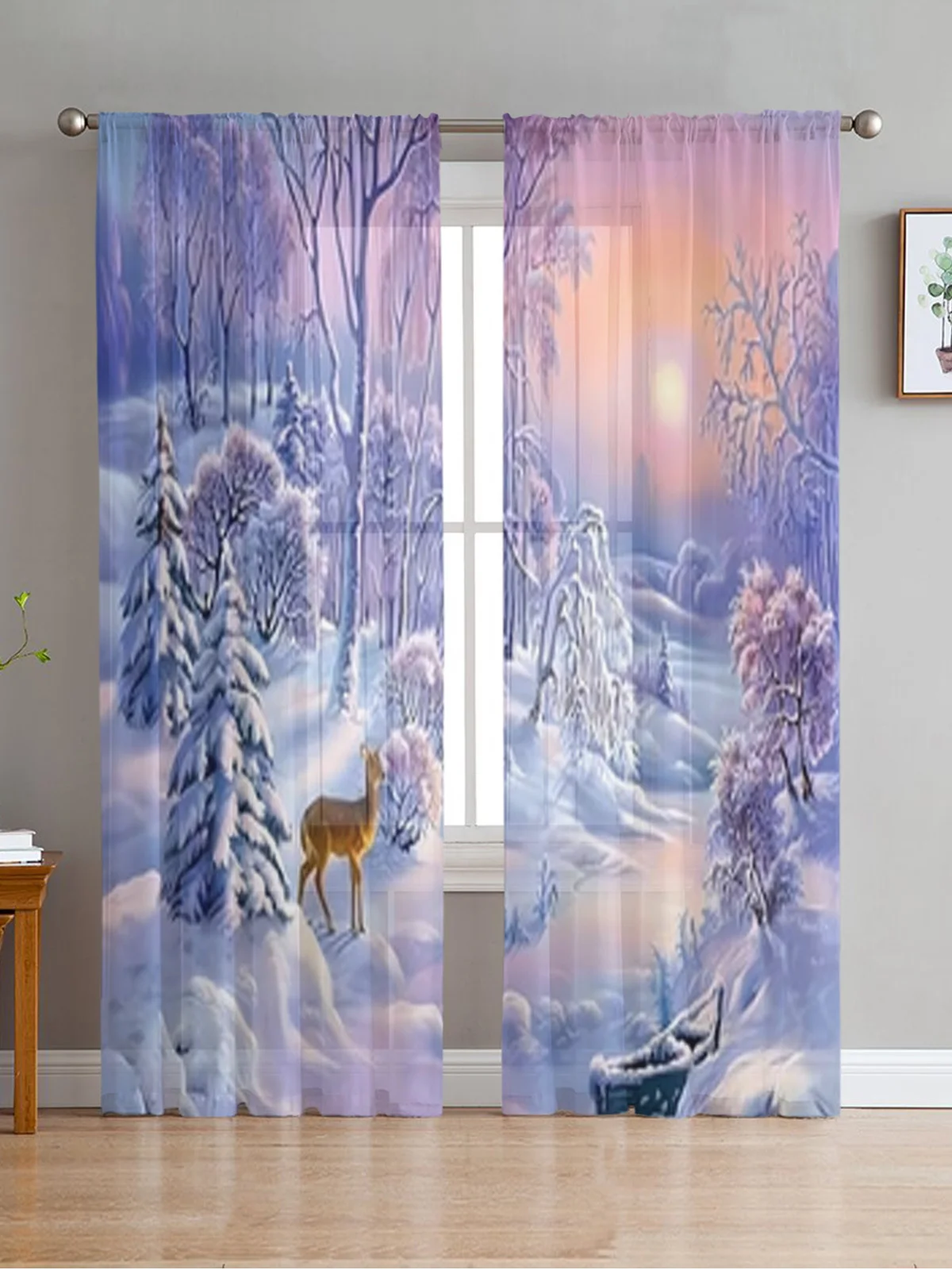 Beautiful Deer And Winter Snow Chiffon Sheer Curtains For Living Room Bedroom Decor Kitchen Window Voiles Tulle Curtain