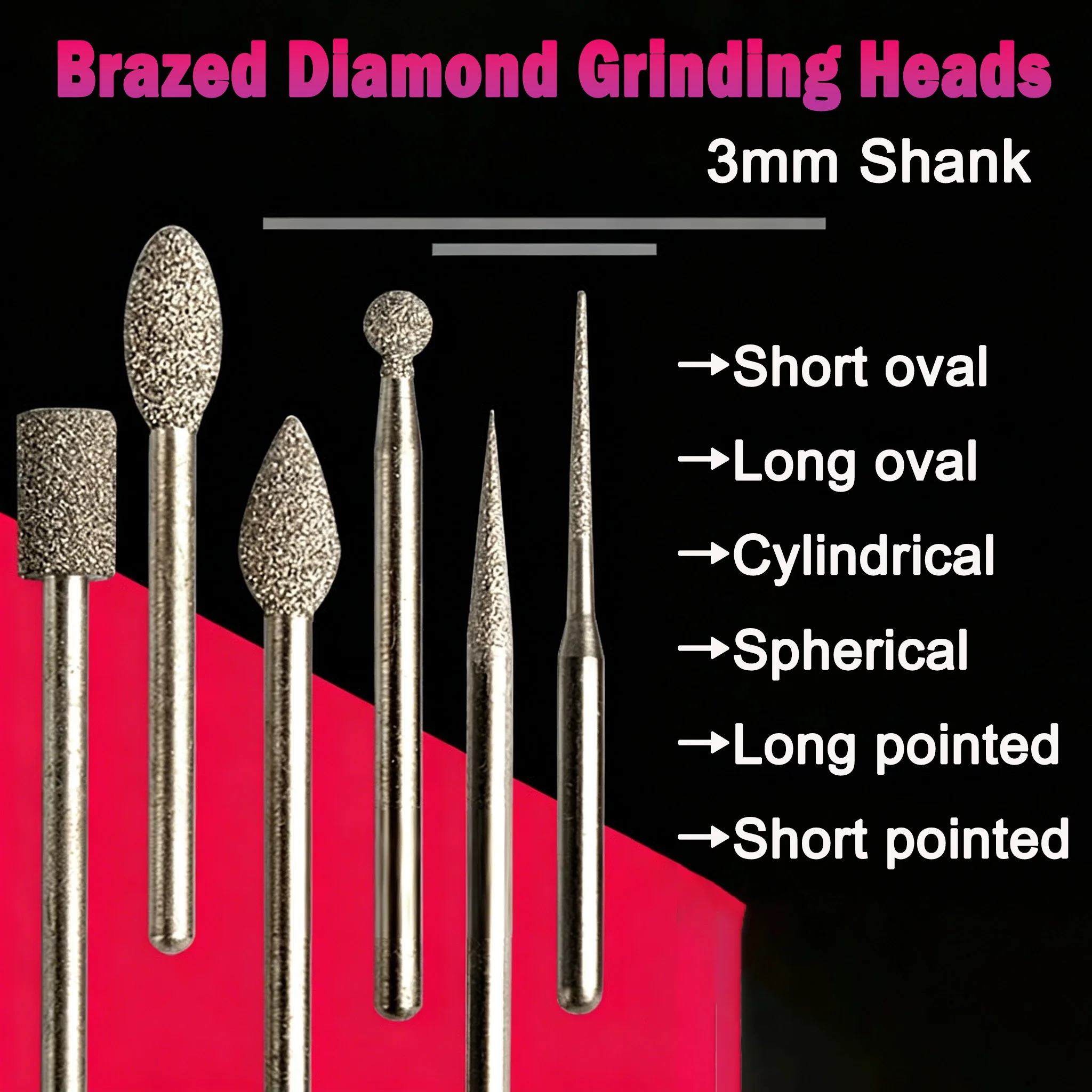 2/5/10Pcs 3mm Shank Diamond Grinding Burr Abrasive Tool Brazing Bit For Rotary Drill Tool Burrs Grinding Accessories