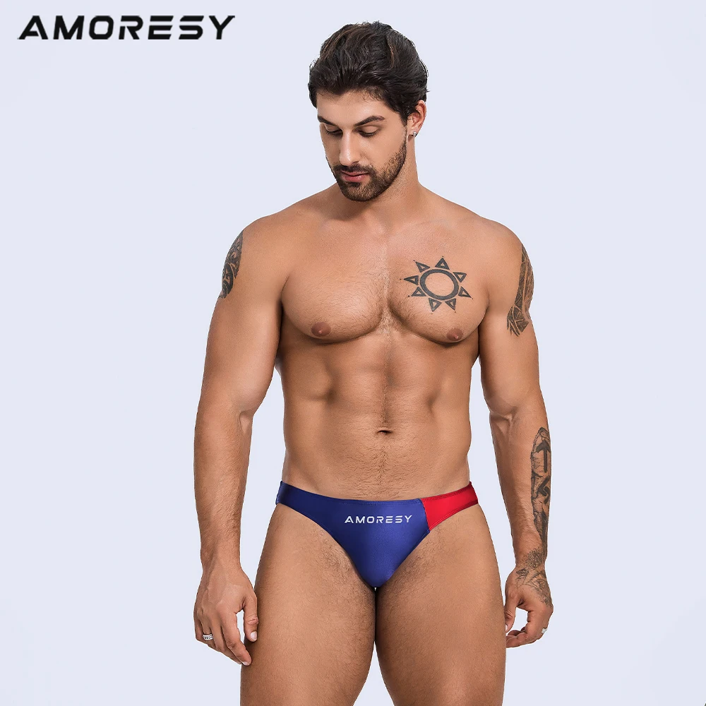 AMORESY Oceanus series color-blocked swimming trunks spandex triangle sexy fashion vacation navy style beach spa