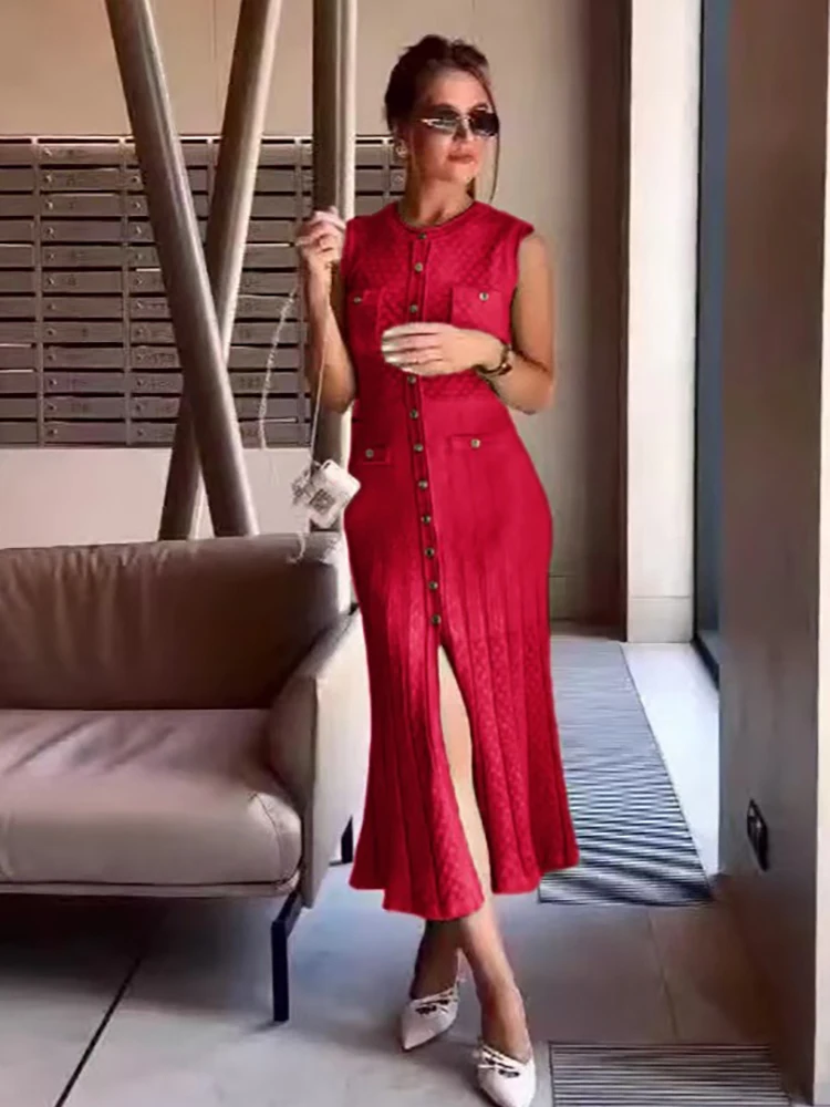 مزاجه الفرنسي واحدة الصدر أسود/أبيض جوفاء فستان طويل المرأة لطيف بلا أكمام محبوك تمتد فستان طويل الصيف