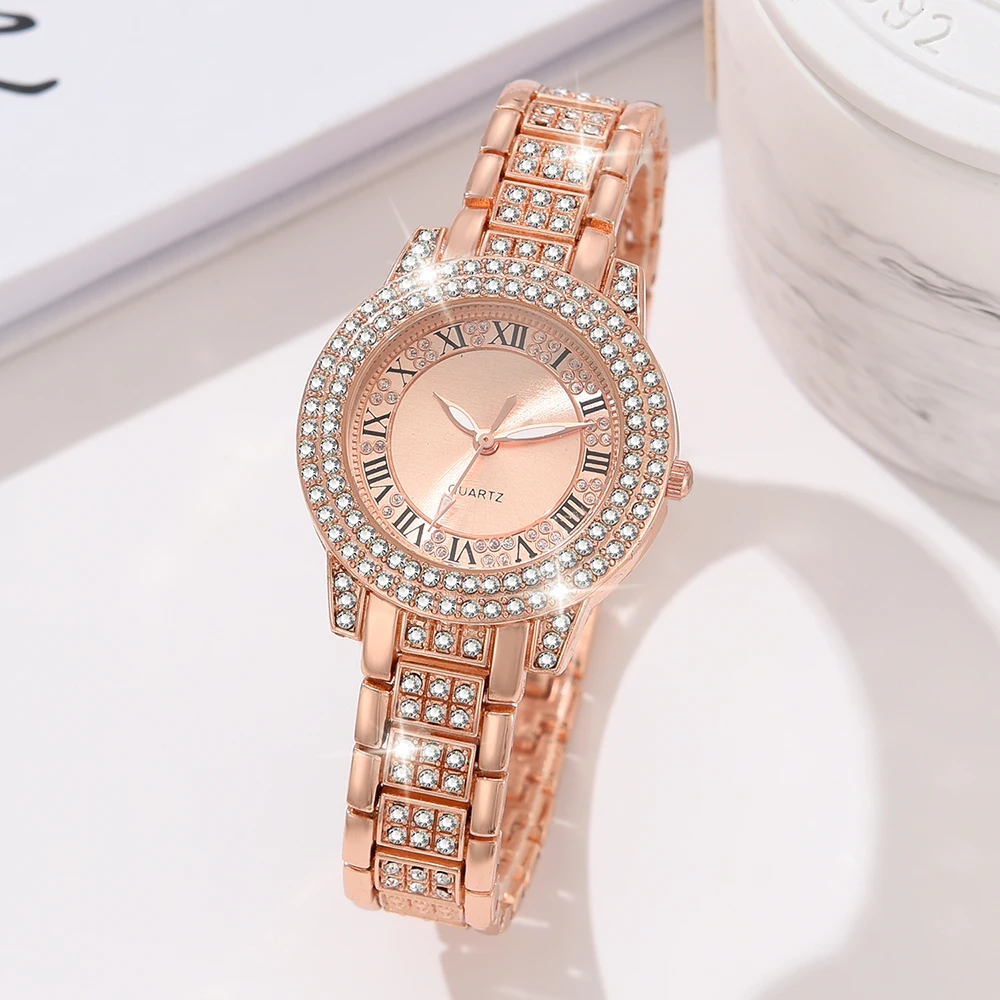 Rose Gold Ladies Quartz Watch 6PCS/Set Fashion Wristwatch Alloy Band Watch Water Droplet Element Jewelry Set Gift For Girls