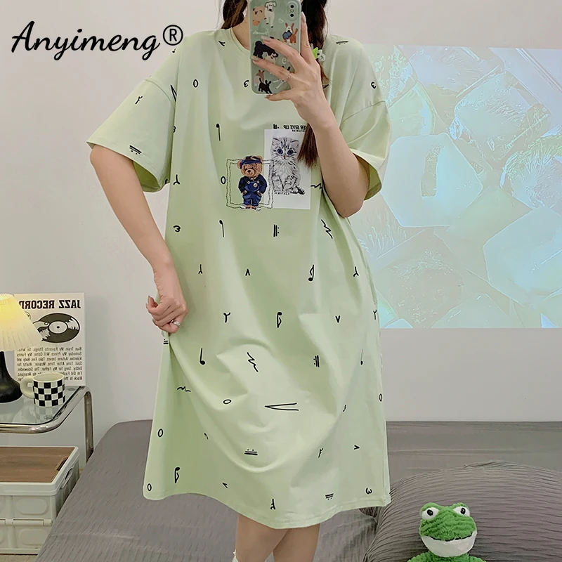 Summer Women Nightdress HQ 100% Cotton M-4XL Plus Size Nightgown Leisure Sleepshirt for Girl Elegant Woman\'s Short Sleeve Dress