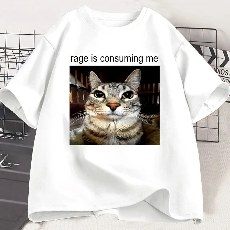 Rage Is Consuming Me Silly Staring Cat Meme Tee Shirt Casual Cotton Short Sleeve T-shirts Men Women Cat  T Shirt Oversized