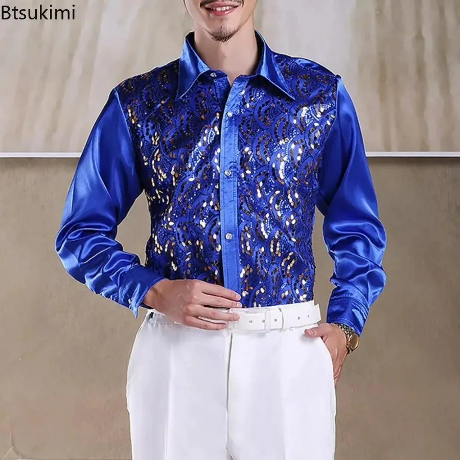 Men's Formal Casual Shirt Tops Luxury Sequins Performance Shirt for Wedding Stage Formal Casual Wear Long Sleeve Single-breasted