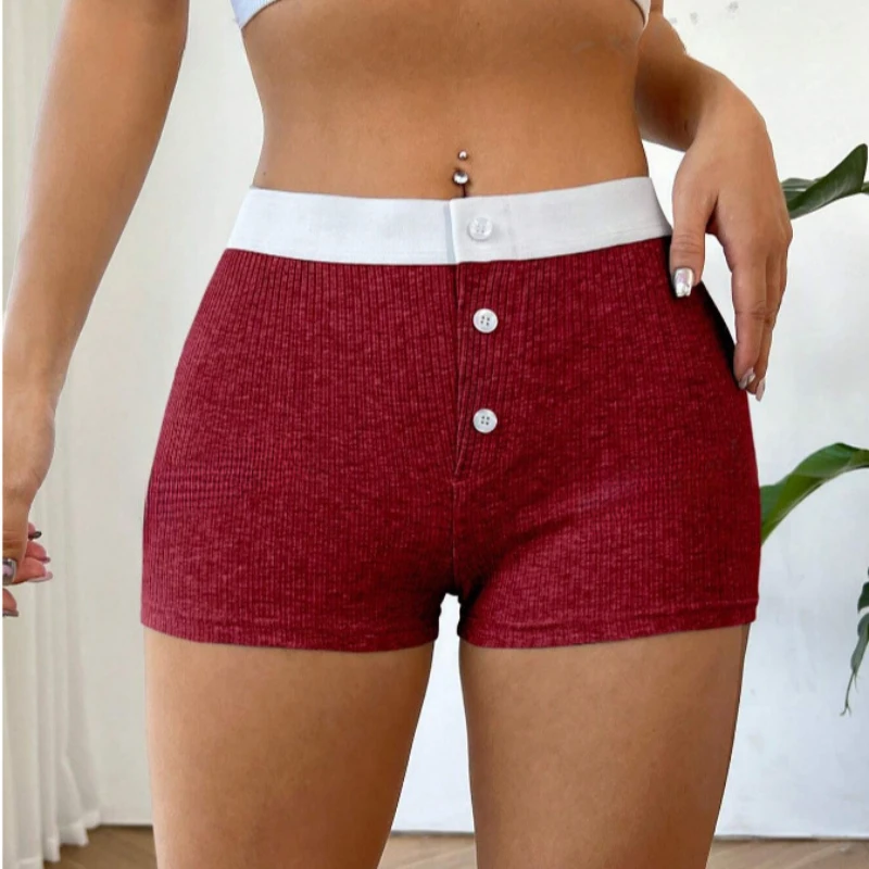 

2025 Spice Girl Shorts with Three Buttons Stretch Slim Hot Pants Bag Buttock Contrast Stitching Casual Shorts
