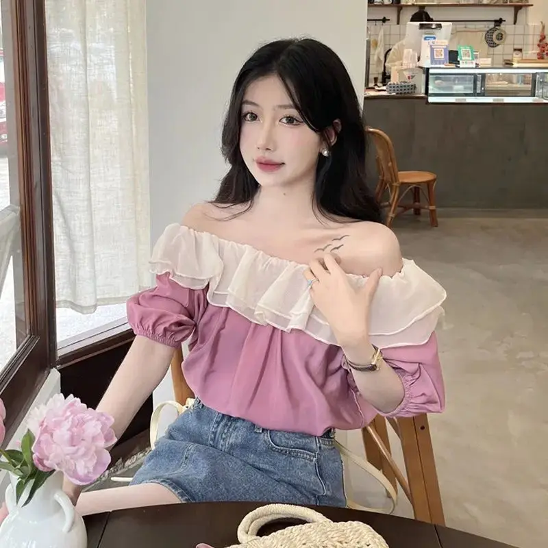 Sweet Off Shoulder Ruffles Patchwork Blouse Summer Short Sleeve Solid Loose Contrast Shirts Temperament Elegant Women Clothing