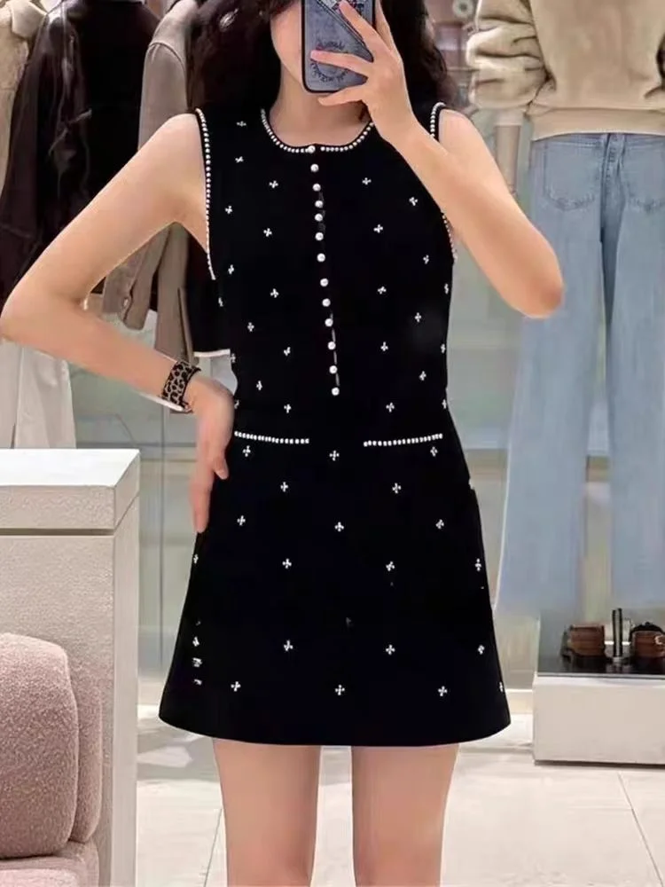 

Retro ort Pearl Trimmed Svel Heavy Embroidery round Ne Vest And f Skirt Slimming Women's Faion Set