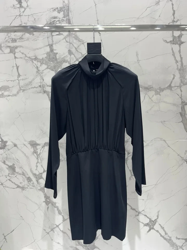 2024 new women's fashion long-sleeved stand-up collar pleated dress