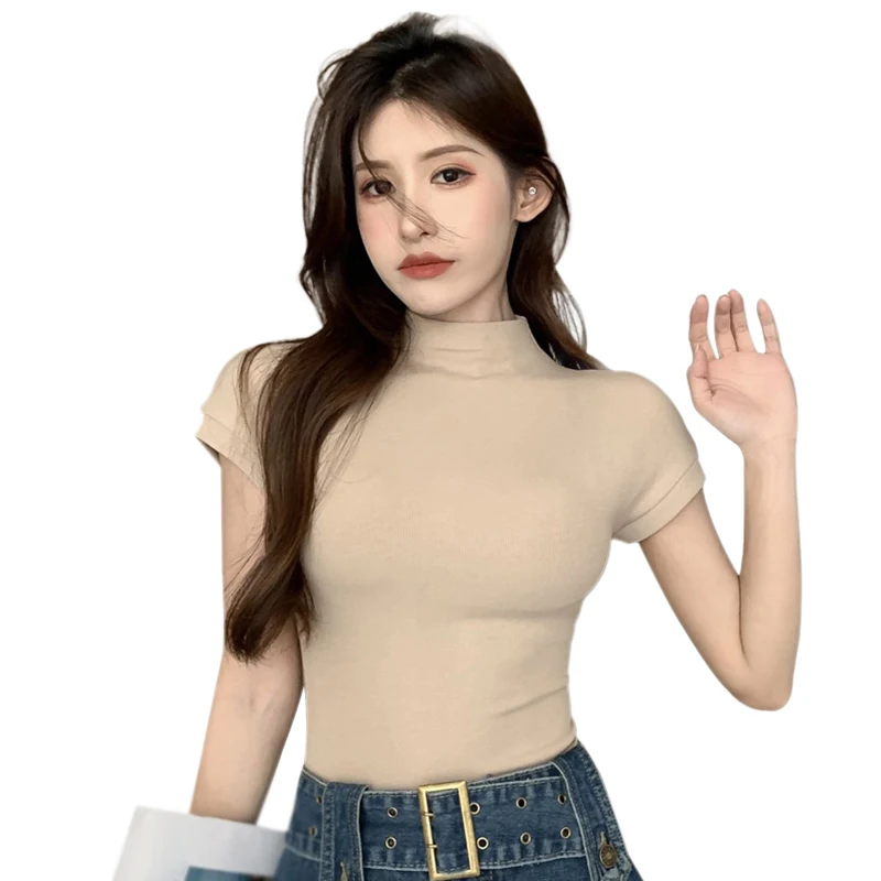 M-XL Elegant Slim Short Sleeve T-shirt For Women Solid Color Summer Half Turtleneck Soft Casual Versatile Bottoming Pullover Top