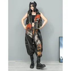 Trendy Street Fashion Pant Set Women 2024 Autumn Loose Vintage Printed Denim Sleeveless Vest + Small Leg Pant LX1855