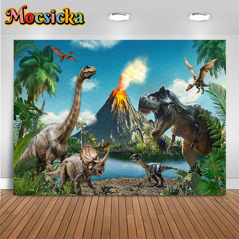 Mocsicka Tropical Jungle Volcano Dinosaur Photography Background World T-Rex Pterosaur Decors Backdrop Boy Birthday Party Banner