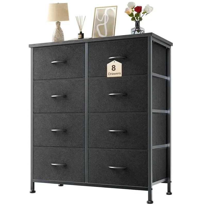 

8-Drawer Fabric Storage Tower Dresser - Tall Organizer with Steel Frame, Wood Top - Chest of Drawers with Fabric Bins