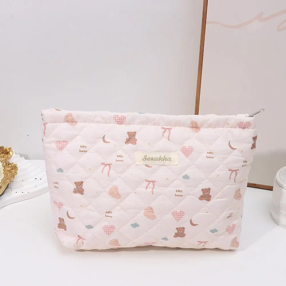 Bolsa de cosméticos acolchada de color rosa para mujer, estuche de maquillaje de tela de doble capa suave y transpirable, bolsos con cierre de cremallera, bolsa de mamá