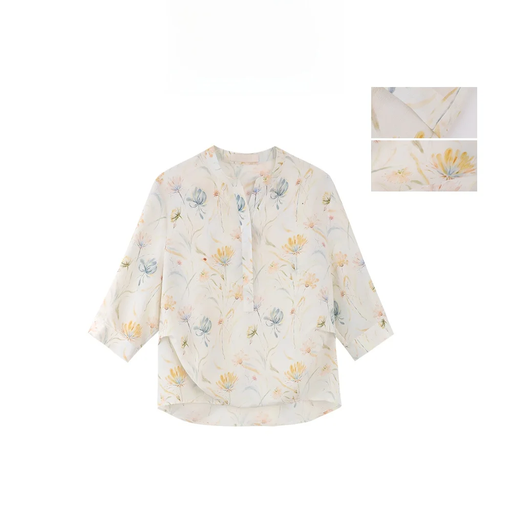 

MANNALA Summer Daisy Vine Pattern Silk Short Sleeve Shirt Elegant Loose Fit Breathable Acetate And Silk Blend Women's Shirt