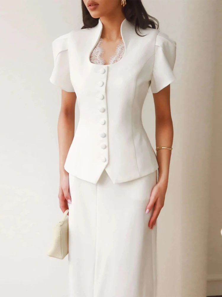 Elegant Fitted Shirts Women V Neck Lace Patchwork Single Breasted Puffy Short Sleeves Solid Blouse Female 2026 Spring New Tops