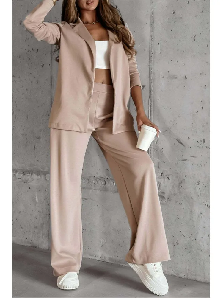 Women\'s Casual Lapel Suit Fashion Splicing Stripes Wide Leg Pant Autumn Winter New Female Suit Elegant Office Two-piece Sets