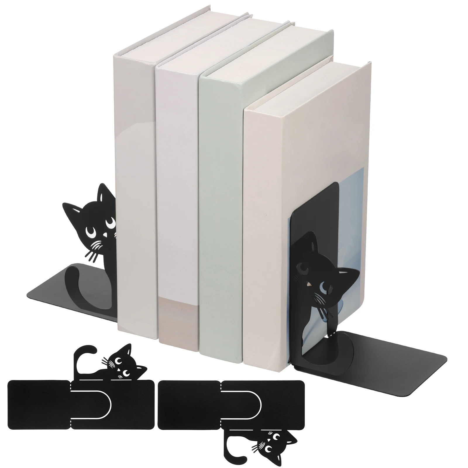 2 Stück Metall-Buchstützen mit Katzenmotiv, Dekorative Schreibtisch-Buchhalter, Einfache Buchstütze für Schüler, Schule, Büro und Zuhause