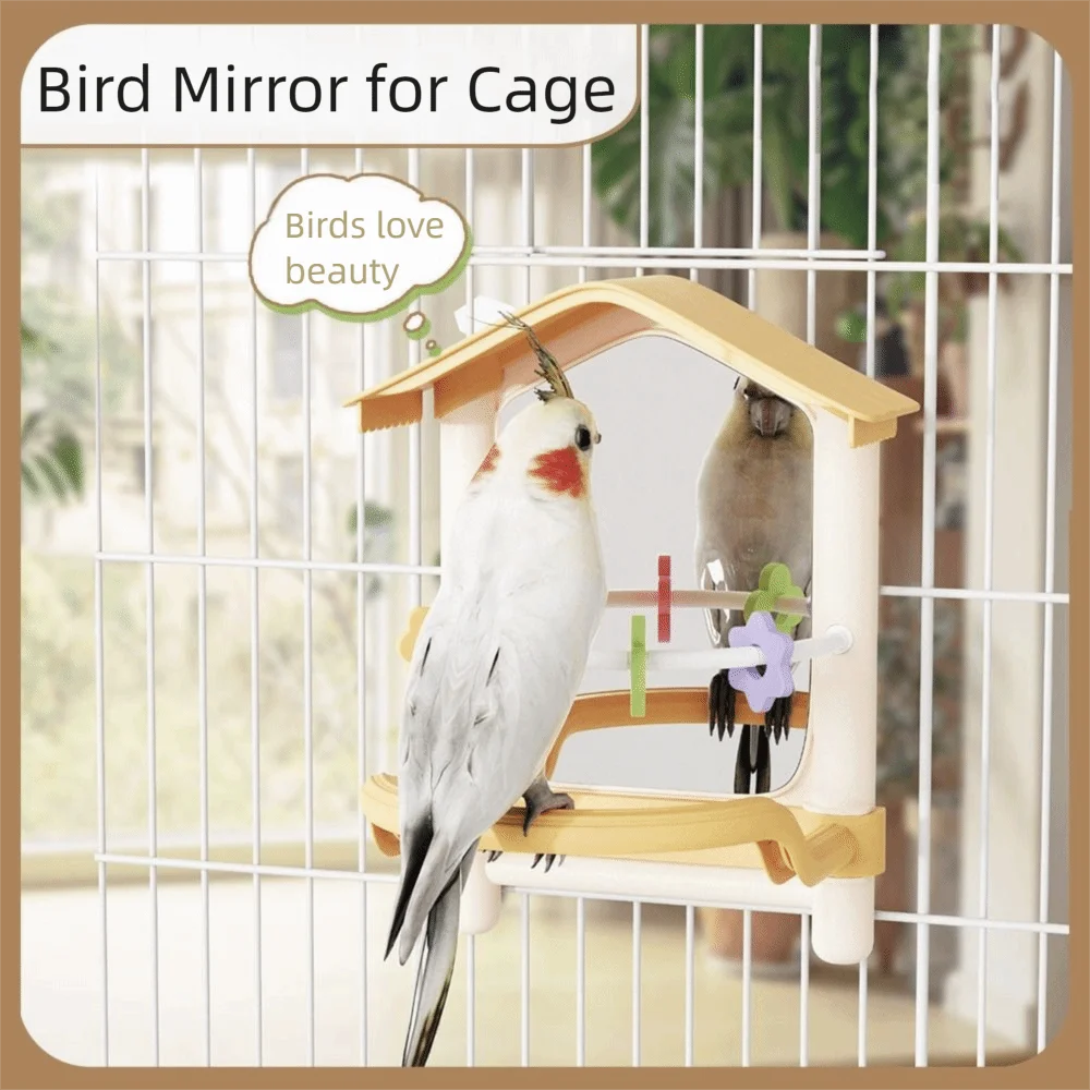 

Anti-slip Parrot Mirror Toy Bite-resistance Creative Bird Cage Toys Interactive with Standing Pole Bird Mirror with Perch Indoor