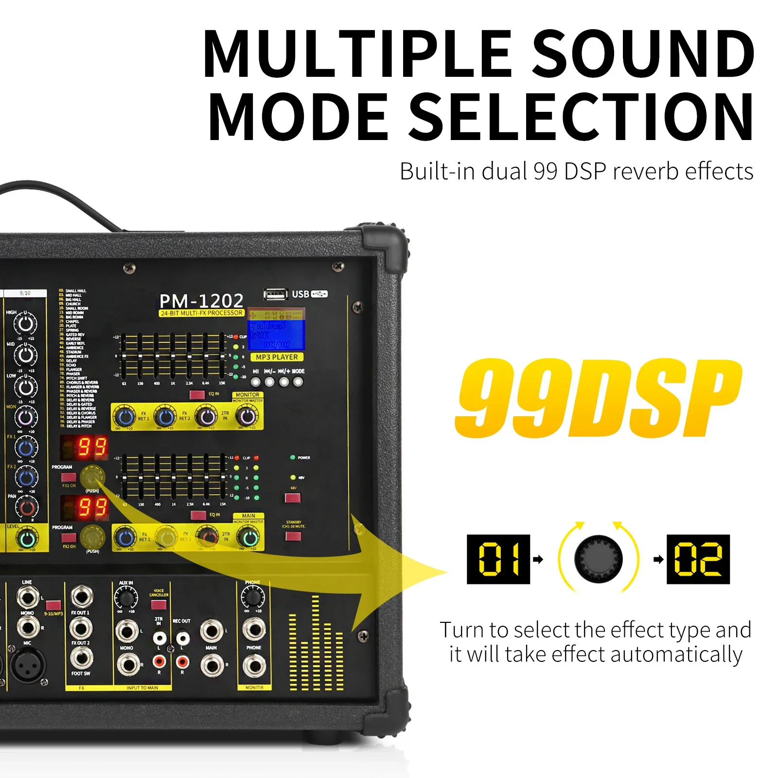 XTUGA PM1202 300 와트 24 비트 듀얼 99 DSP 효과 10 채널 스테이지 파워 믹서, 야외 무대용 파워 앰프 DJ 믹서 포함