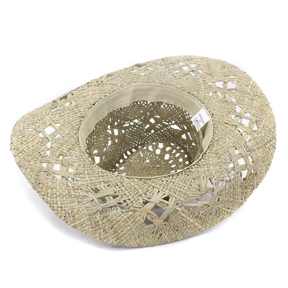 Natural Grass Handwoven Hollow Cowboy Straw Hat Rhinestone Chain Cowboy Hat for Woman Outdoor Vacation Beach Sun Hat for man