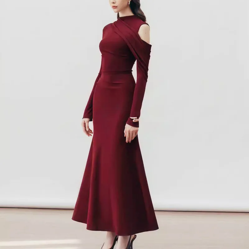 VGH Winered Color Minimalist Maxi Dresses for Women O Neck Hollow Out Long Sleeves High Waist Temperament Elegant Dress Female