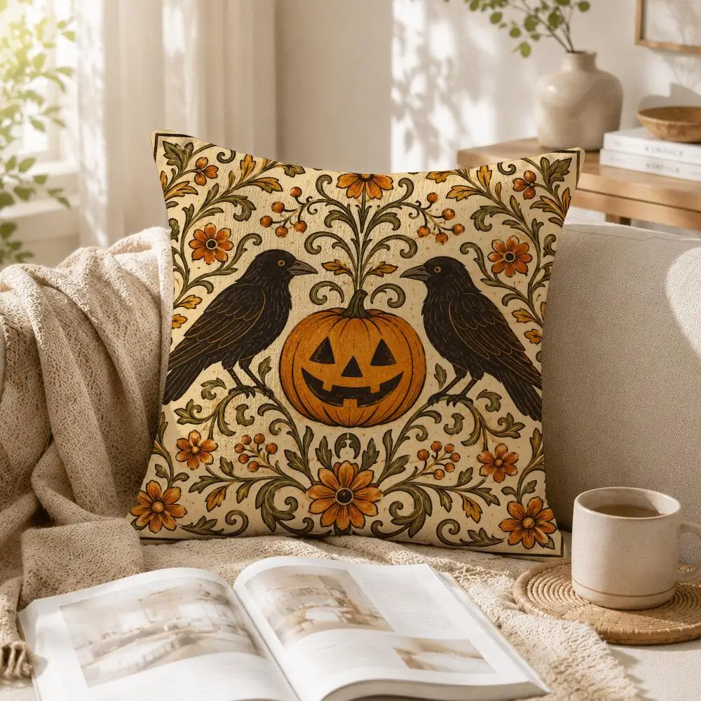 Rustic Harvest Halloween Cushion Cover Linen Pillow Cover 40x40cm Decorative Cushion Case Boho Home Sofa Decor Gift